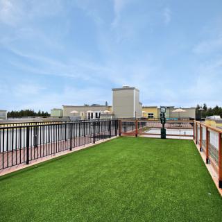 A rooftop area with artificial grass and railings overlooking the cityscape under a clear sky.