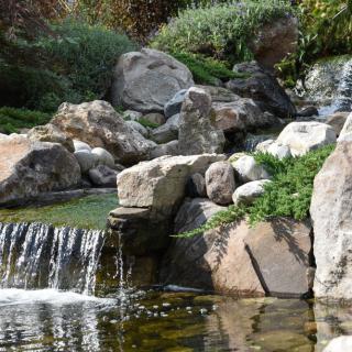 A serene garden waterfall gently cascading over rocks into a pond, surrounded by lush greenery.