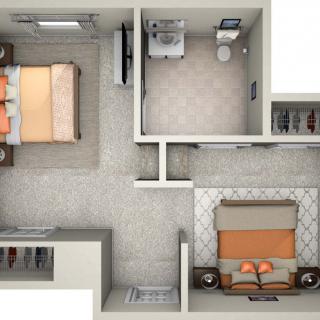 A detailed floor plan of a small apartment showing the bedroom, living room, and bathroom layout.