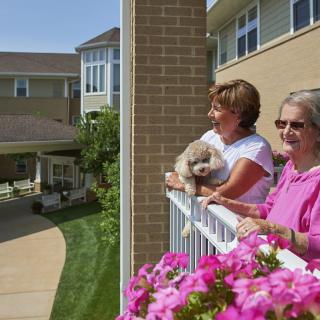 Two women standing on a balcony with a dog, enjoying the view and surrounded by flowers.