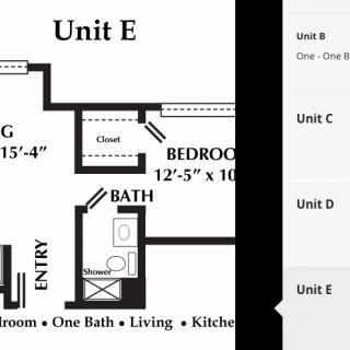 A floor plan layout for Unit E, featuring one bedroom and a bathroom.