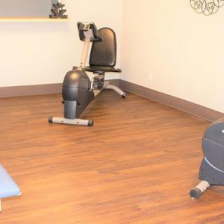A small gym room featuring a recumbent exercise bike on a wooden floor.
