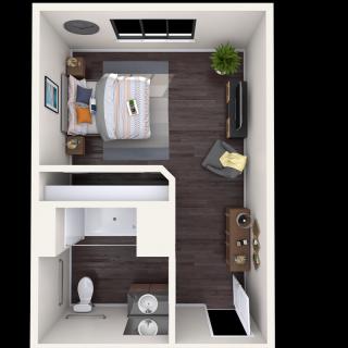 A compact studio apartment layout with a separate bathroom and minimalist interior design.