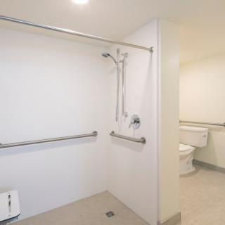 An accessible bathroom with grab bars next to the shower and toilet.
