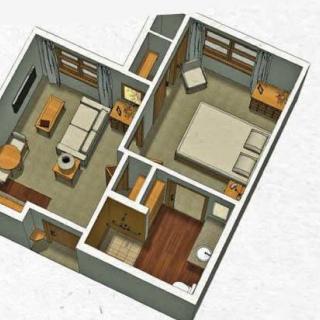 A 3D rendered floor plan of a small apartment, featuring a living room, bedroom, and bathroom layout.