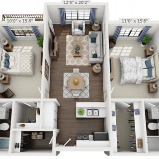 A 3D floor plan of a two-bedroom apartment with a living room, kitchen, and bathroom.