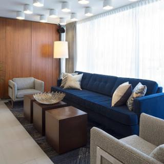 A modern living room featuring a blue sofa, coffee tables, and ample natural light.