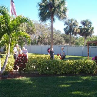 A group of people standing in a garden surrounded by palm trees and lush greenery.