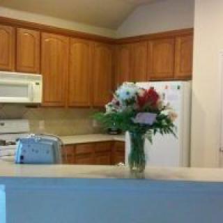 A cozy kitchen with wooden cabinets and a vase of flowers on the counter.