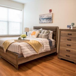 A cozy and modern bedroom featuring a wooden bed frame, dresser, and natural lighting.