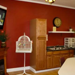 A kitchen with a red accent wall featuring wooden cabinets, a birdcage, and a clock.