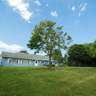 A blue house with a well-maintained lawn and a single tree under a clear blue sky.