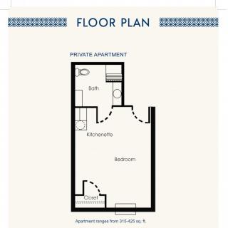 A simple floor plan of a private apartment featuring a bedroom, bath, and closet.