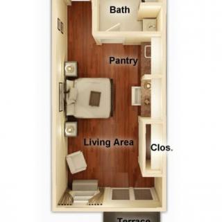 Compact studio apartment floor plan with labeled areas including bath, pantry, living area, closet, and terrace.