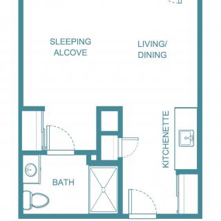 A floor plan of a studio apartment featuring a sleeping alcove, living/dining area, kitchenette, and bathroom.