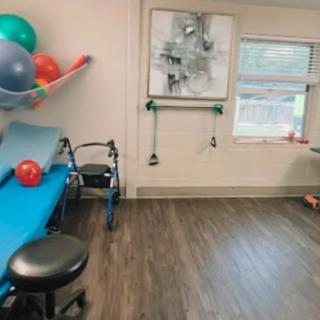 A physical therapy room equipped with exercise balls, a treatment table, and various rehabilitation tools.
