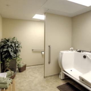 A modern bathroom featuring a walk-in tub and accessible design elements.