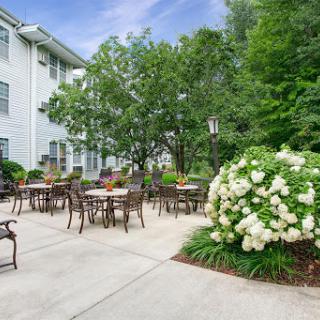 A serene outdoor patio area surrounded by lush greenery and blooming flowers, perfect for relaxing.