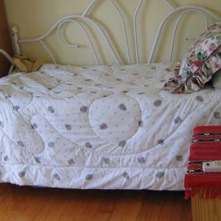 A cozy bedroom scene with a neatly made bed, featuring a patterned quilt and decorative pillow. A stack of books sits on the nightstand beside it.