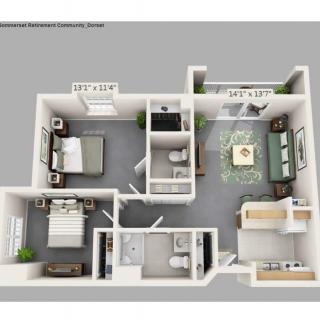 A 3D floor plan of a two-bedroom apartment featuring a living room, kitchen, and bathroom.