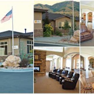 A collage showcasing the exterior and interior of a residential building with beautiful mountain views.
