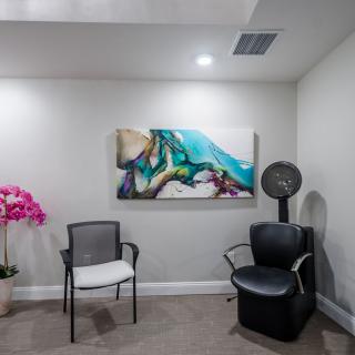 A modern waiting room featuring chairs, vibrant artwork, and an orchid.