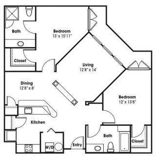 A floor plan of a two-bedroom apartment including kitchen, living room, dining area, and two bathrooms.