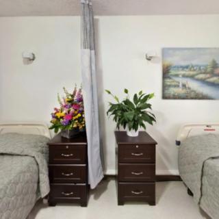 A hospital room with two beds separated by a curtain, featuring flowers and a painting on the wall.
