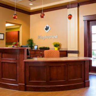 A modern office reception area featuring a wooden desk and stylish decor.