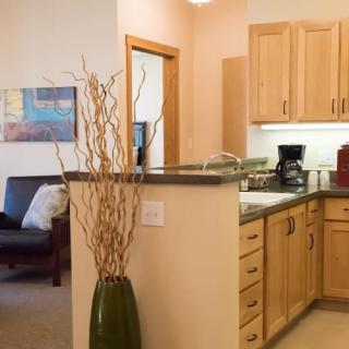 A modern home interior featuring a kitchen and adjacent living area with stylish decor.