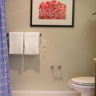 A clean and organized bathroom featuring a shower curtain, towel rack, and framed artwork.