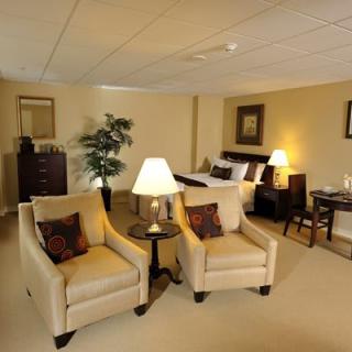 A cozy basement living space featuring comfortable chairs, a bed, lamps, and elegant decor.