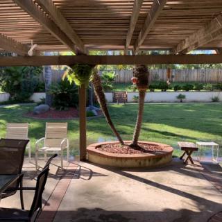 A sunny backyard with a pergola, outdoor seating, and a well-maintained garden.