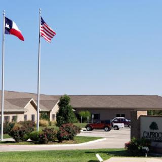 A view of a building with the Texas and American flags flying in front.