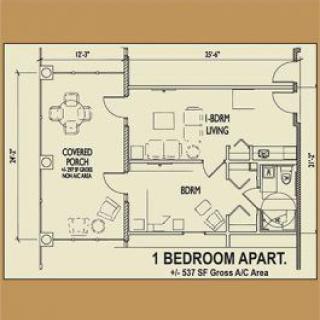A floor plan of a 1-bedroom apartment with living area, kitchen, bathroom, and a covered porch.