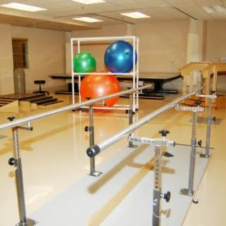 A physical therapy room equipped with parallel bars and colorful exercise balls.