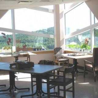 A sunlit room with large windows, tables, chairs, and potted plants.