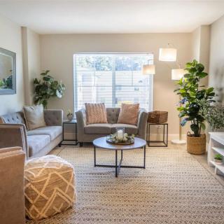 A modern and cozy living room with neutral tones, featuring comfortable seating, plants, and ample natural light.