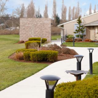 A serene garden pathway with well-maintained bushes and modern outdoor lighting.