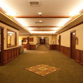 A well-lit hotel hallway with patterned carpet and multiple doors.