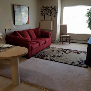A cozy living room with a red sofa, decorative rug, and large window.
