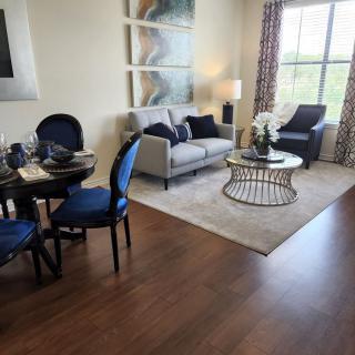 A stylish living room with modern furniture and tasteful decor.