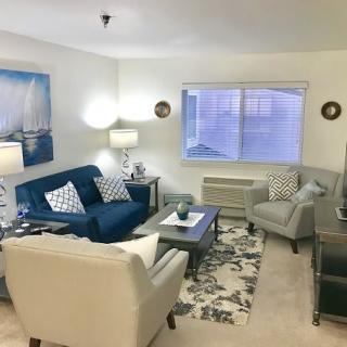 A cozy living room with a blue sofa, patterned chairs, and nautical-themed decor.