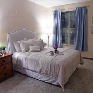 A cozy bedroom featuring a neatly made bed with multiple pillows and a nightstand with a lamp.