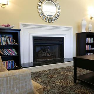 Cozy living room with a fireplace and bookshelves.