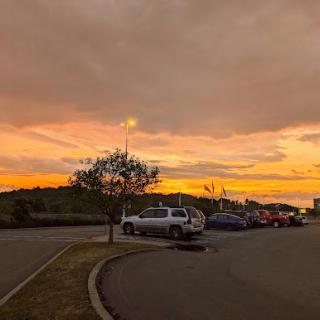 A serene sunset casts a warm glow over the parking lot, with vehicles lined up against the horizon.