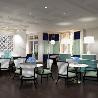 A modern restaurant interior with elegant dining arrangements and stylish decor.