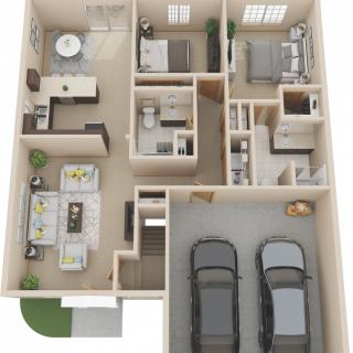 A 3D floor plan of a residential home featuring two bedrooms, a living area, kitchen, bathrooms, and a garage for two cars.