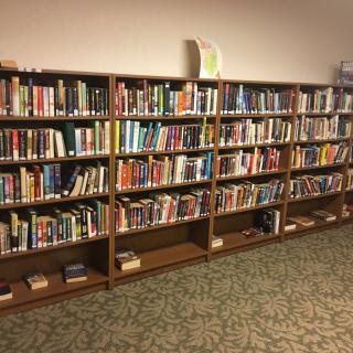 A well-organized library section with rows of books on wooden shelves.