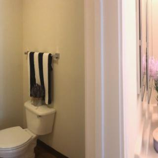 A small bathroom with a toilet, towel rack, and sink visible.